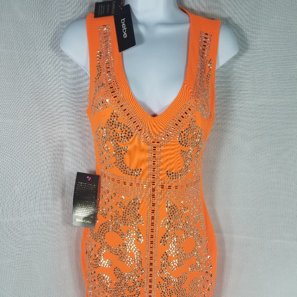 BEBE EMBELLISHED OPEN SHOULDERS DRESS $149 - XXS XS M - ORANGE - NEW WITH TAGS
